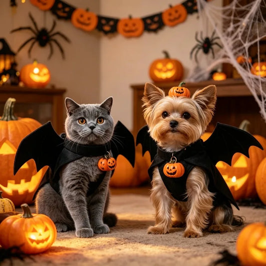 Pet wearing black felt bat wings for Halloween