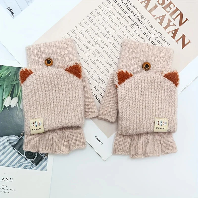 Women’s Cat Ear Fingerless Gloves – Cozy Winter Knit Hand Warmers