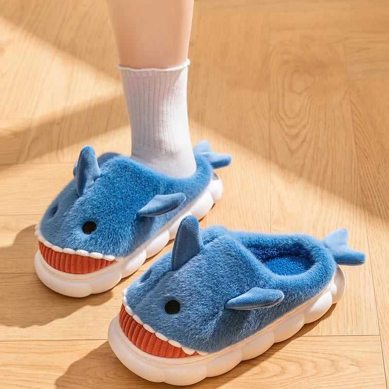 Fluffy Shark Plush Slippers for Women – Cozy Winter House Shoes