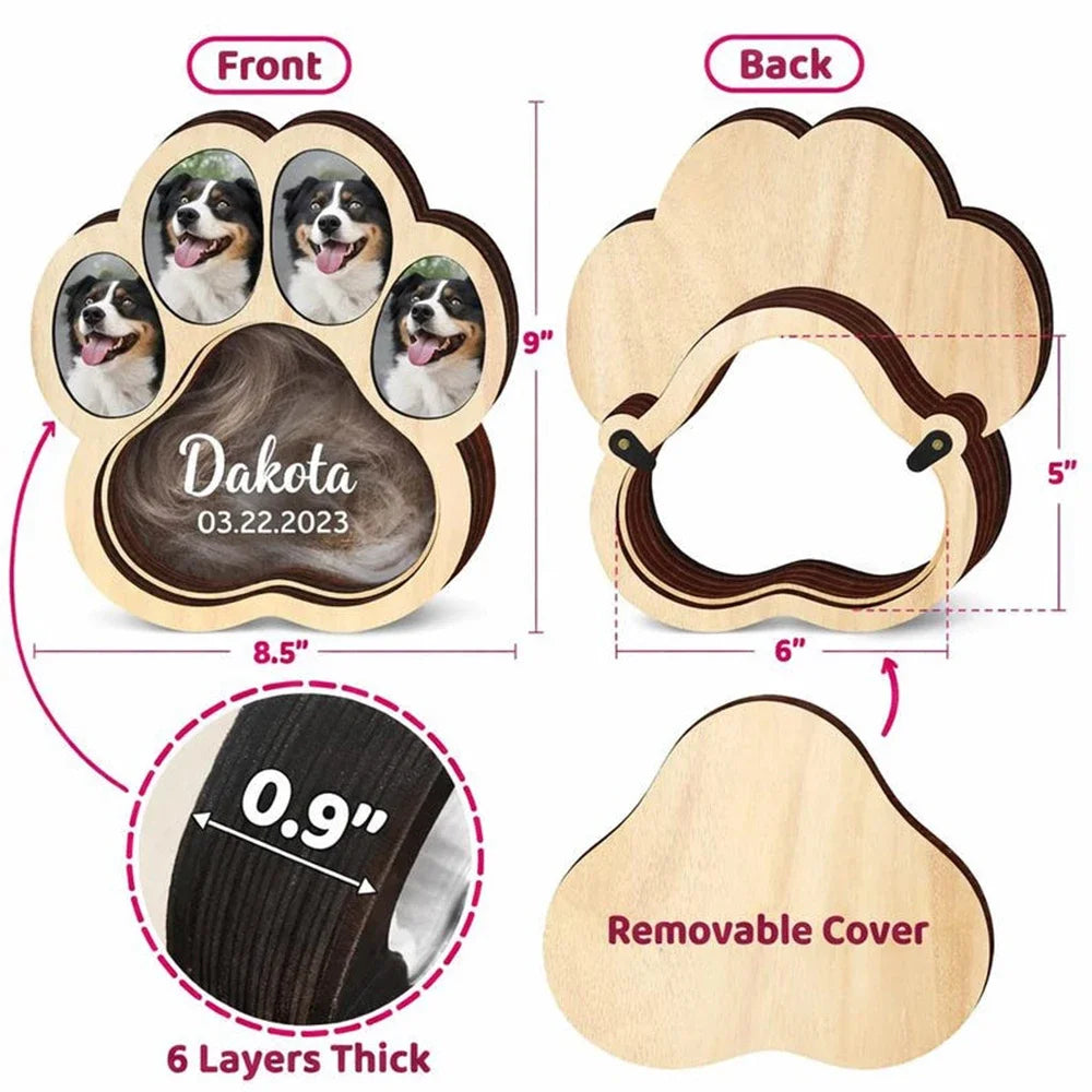 Pet Fur Hair Storage Keepsake Custom Wooden Box With Photo Frame Personalized Paw Print Memorial Card Beautiful Souvenir For Pet