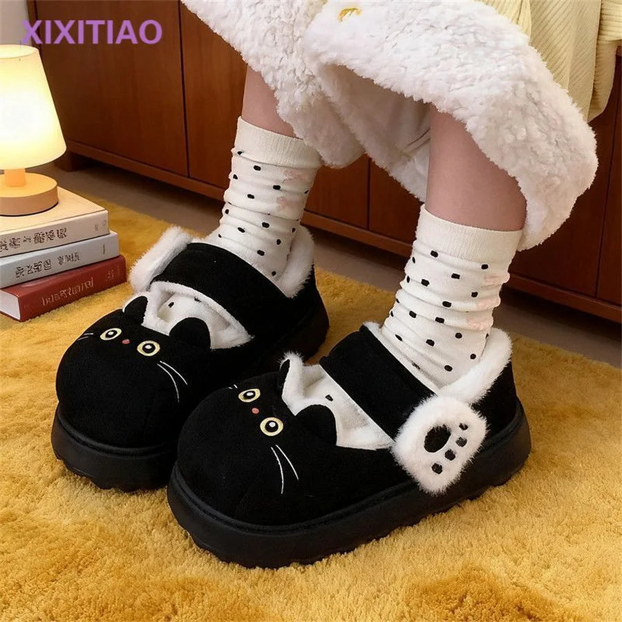 Black Cat Fuzzy Slippers for Women – Cute Plush House Shoes