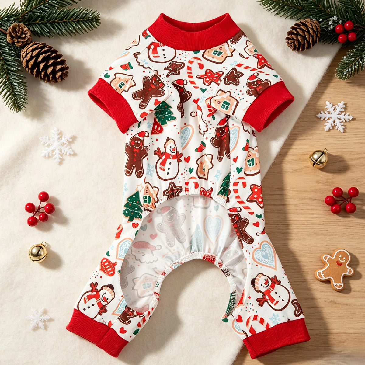 Pet Four Legged Clothes, Gingerbread Man Snowman Santa Claus Christmas Tree Cane Candy Full Print Pet Four Legged Pajamas
