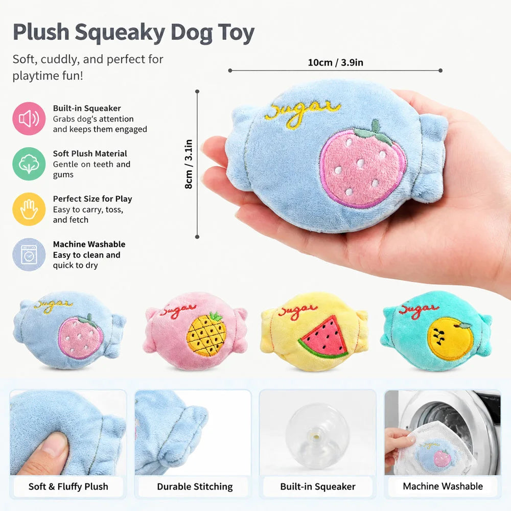 Cute Fruit Candy Plush Dog Toy with Squeaker Soft Washable Puppy Bite Toy Interactive Fetch Toy for Pets