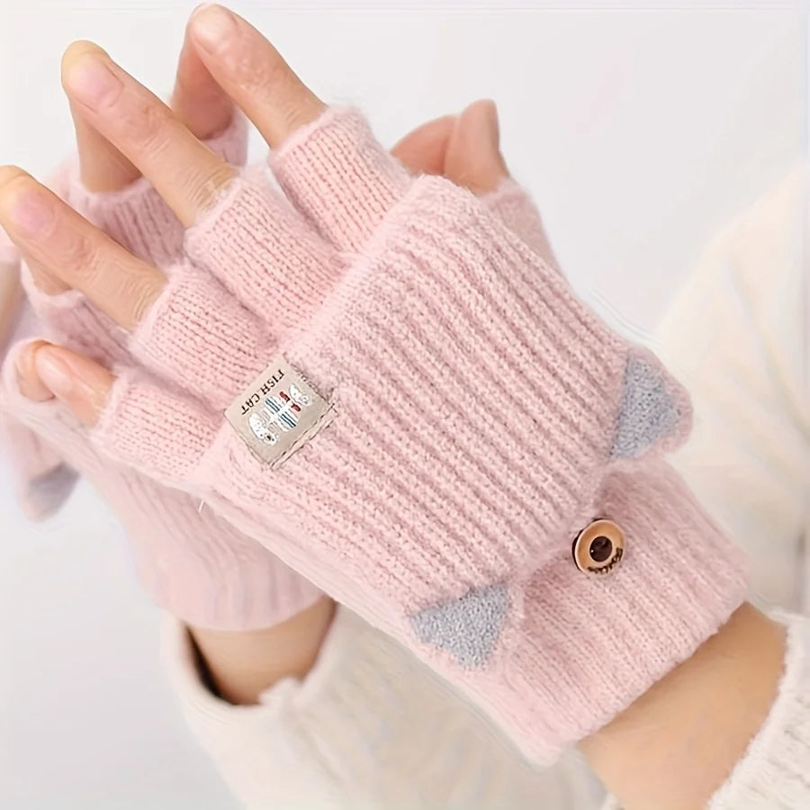 Women’s Cat Ear Fingerless Gloves – Cozy Winter Knit Hand Warmers