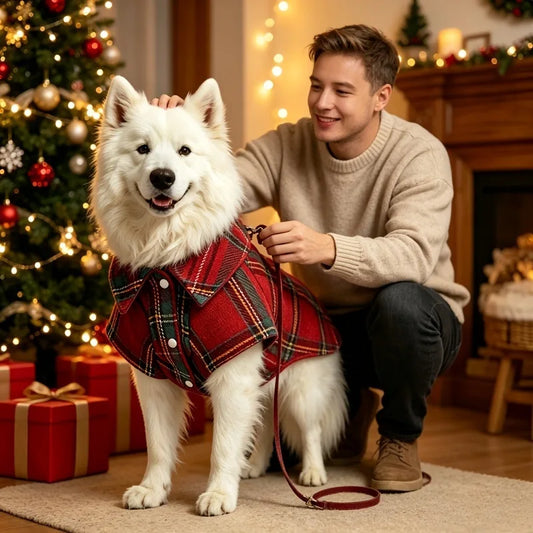 New Christmas fleece warm collar plaid pet shirt dog and cat warm hoodie winter pet clothes