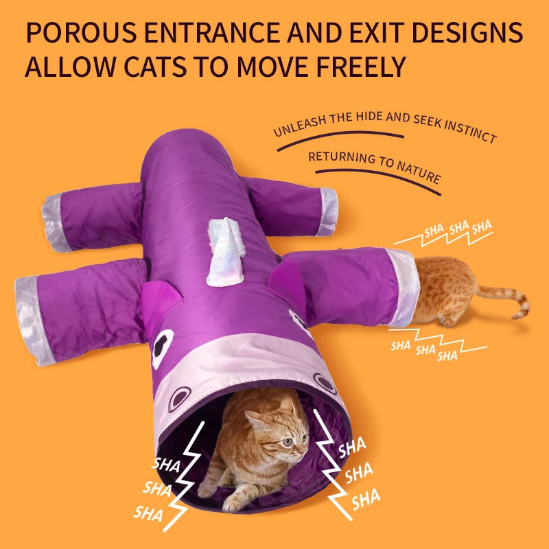 Christmas Gifts Cat Tunnel Toy, Large Collapsible Cat and Dog Tunnel Toys, 6 Entrances and Exits Design, Unique Unicorn Shape