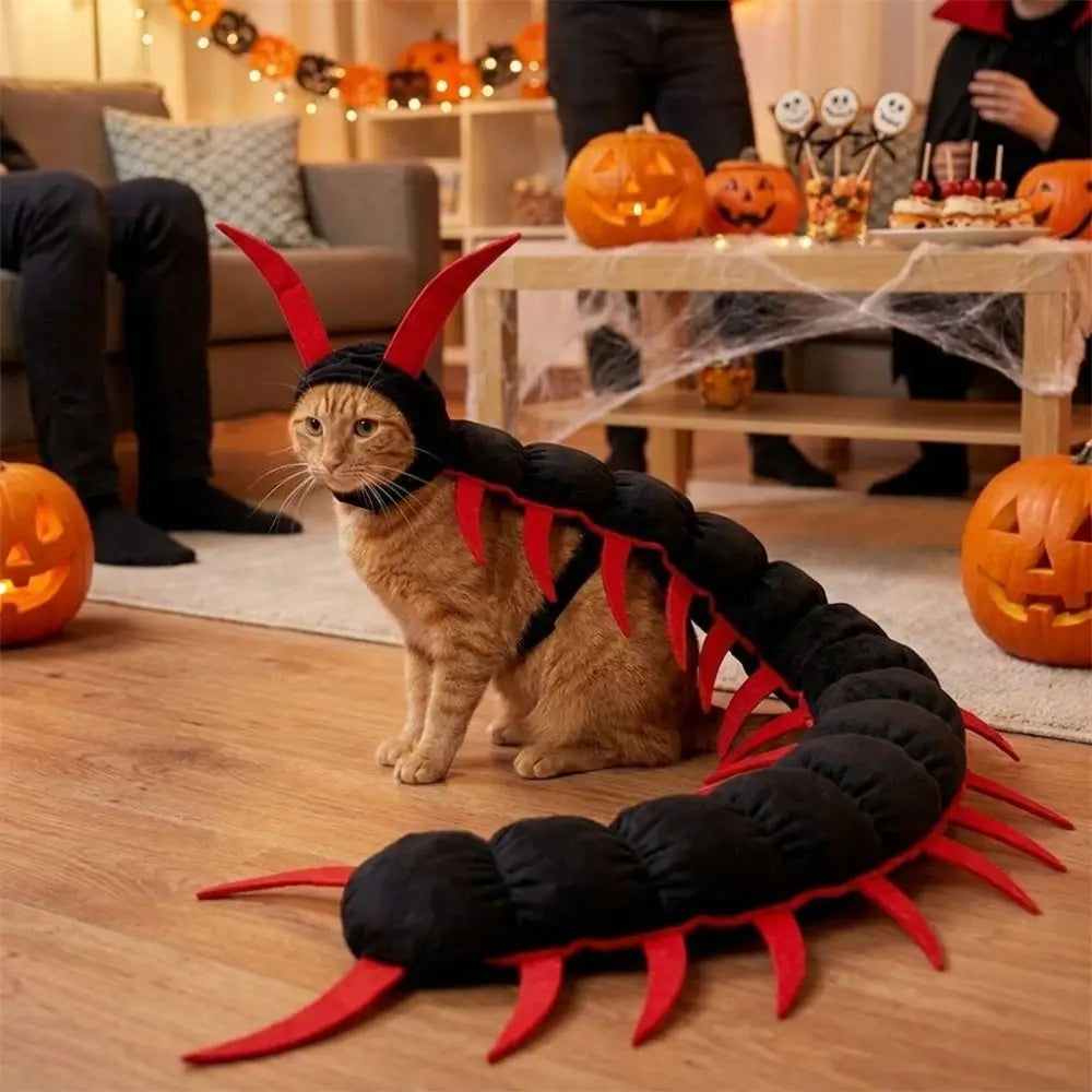 Plush Fluffy Halloween Centipede Cat Costume Long Segmented Simulated Centipede Pet Transform Cosplay Adjustable Creepy
