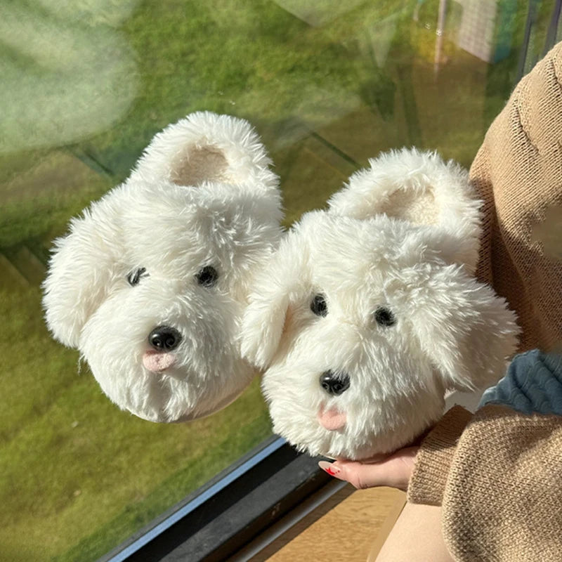 Fluffy Dog Plush Slippers for Women – Cute Cozy House Shoes