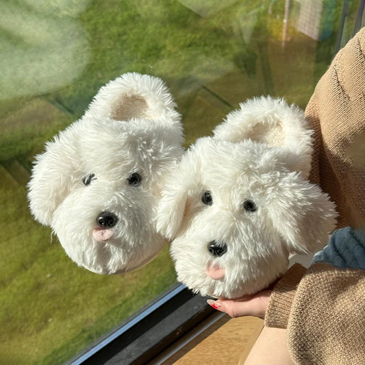 Fluffy Dog Plush Slippers for Women – Cute Cozy House Shoes