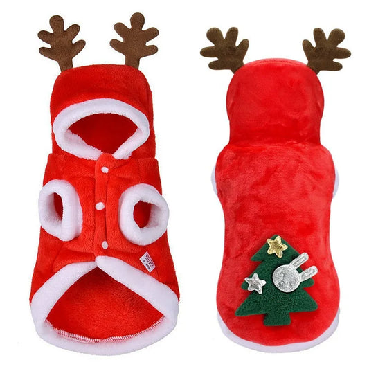 Christmas Dog Cat Costume Reindeer Antlers Hoodie Flannel Fleece Warm Coat Xmas Tree New Year Outfit for Small Dogs Puppy Kitten