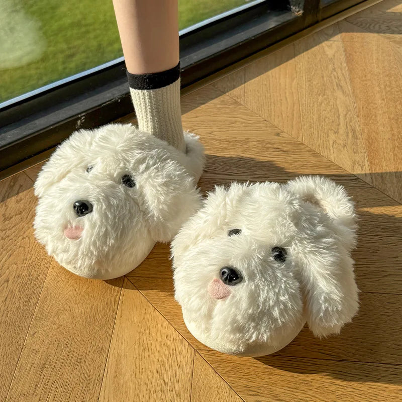 Fluffy Dog Plush Slippers for Women – Cute Cozy House Shoes