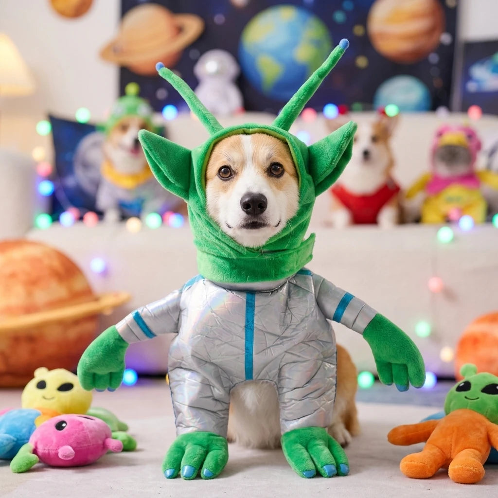 Dog wearing a cute green alien Halloween costume
