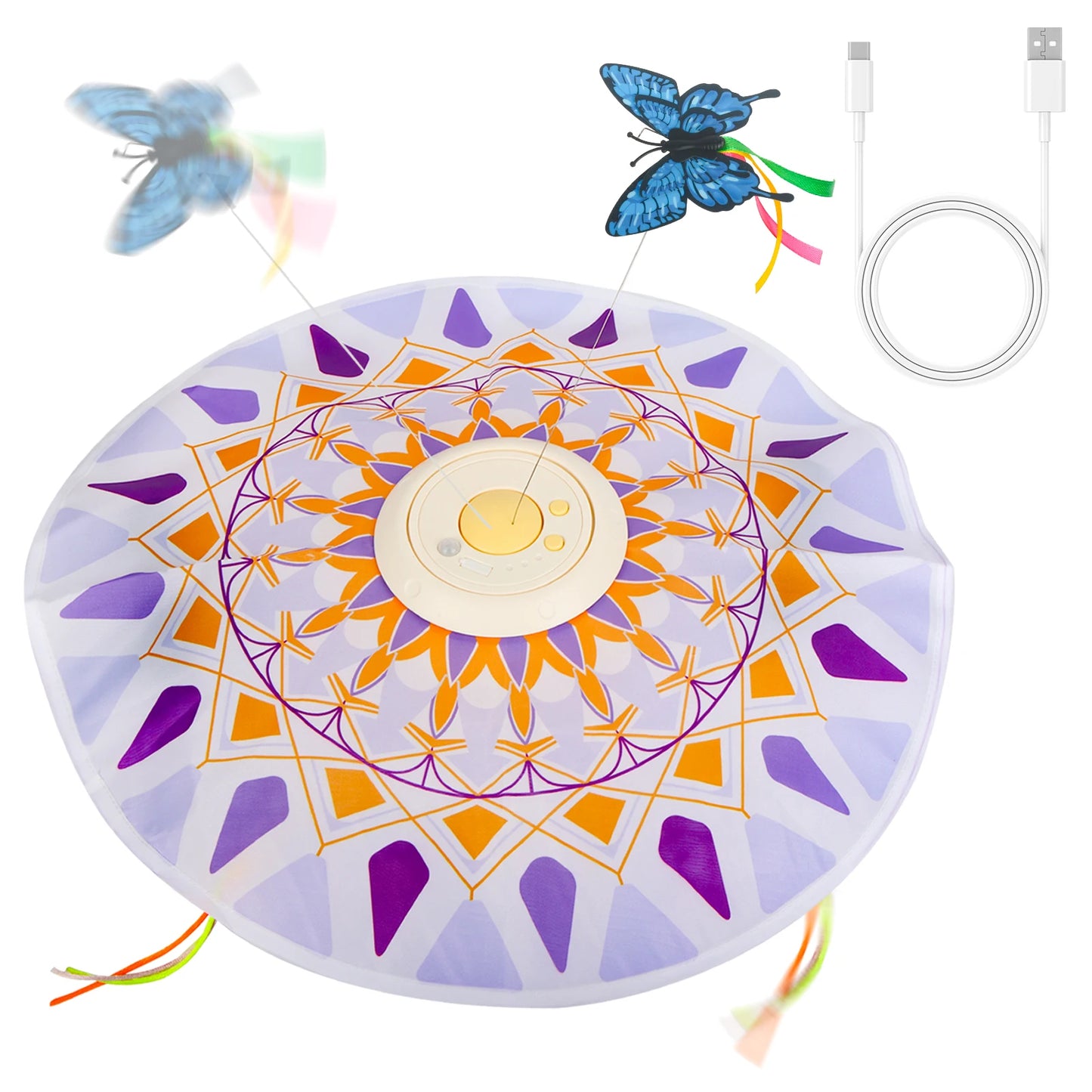 USB Rechargeable 3-in-1 Interactive Cat Teaser Toy 360° Rotating Feathers & Mandala Pattern,1200 battery capacity Plastic Design