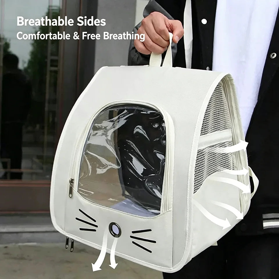 Breathable Oxford Pet Cat Carrier Backpack for Small Dogs, Portable Transparent Travel Outdoor Bag with Side Mesh Pockets, Airy