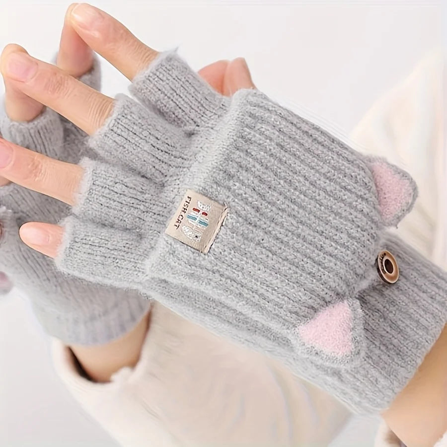 Women’s Cat Ear Fingerless Gloves – Cozy Winter Knit Hand Warmers