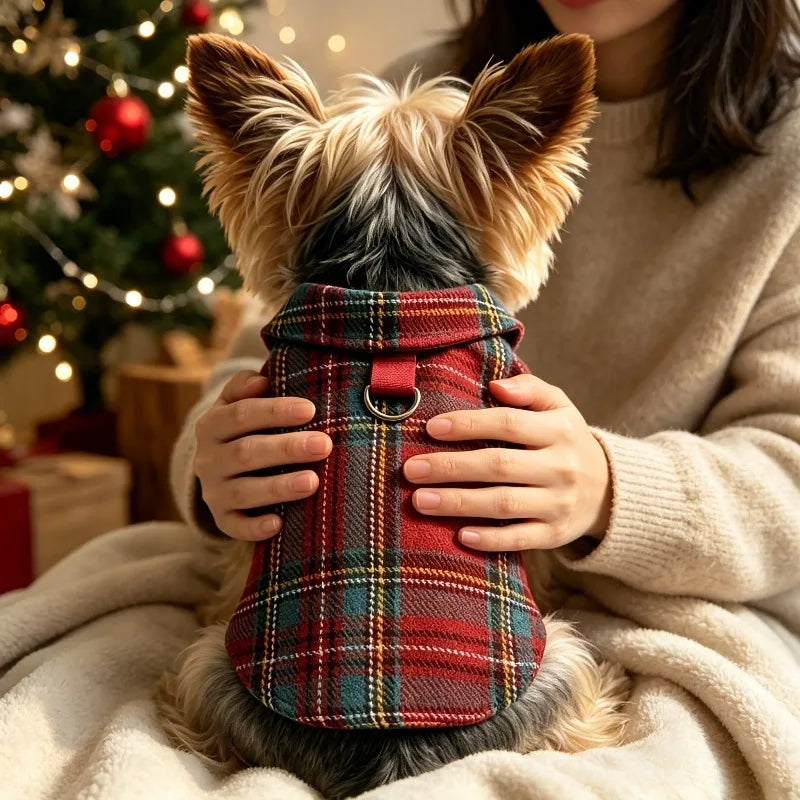 New Christmas fleece warm collar plaid pet shirt dog and cat warm hoodie winter pet clothes