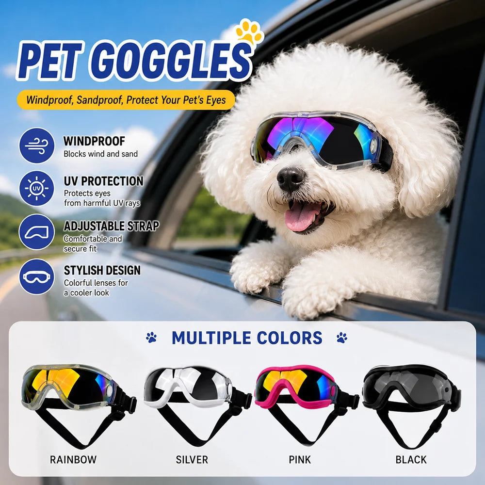Adjustable Dog Sunglasses UV Protection Pet Goggles Soft Waterproof Puppy Glasses for Small Medium Dogs Outdoor Riding Driving