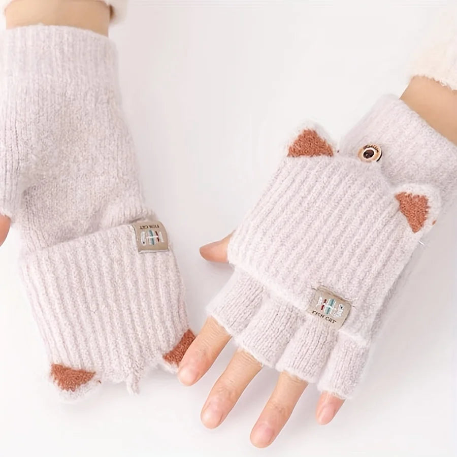 Women’s Cat Ear Fingerless Gloves – Cozy Winter Knit Hand Warmers