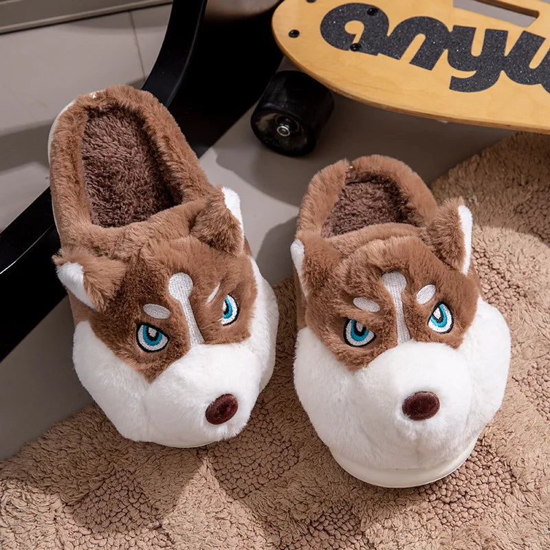 Brown and white cartoon dog plush slippers with cute character design