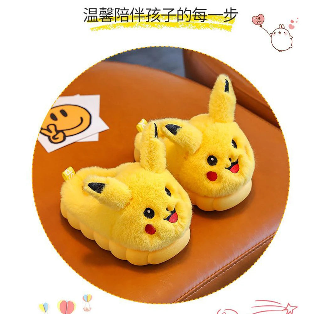 Yellow Pikachu plush slippers for kids with cute character design