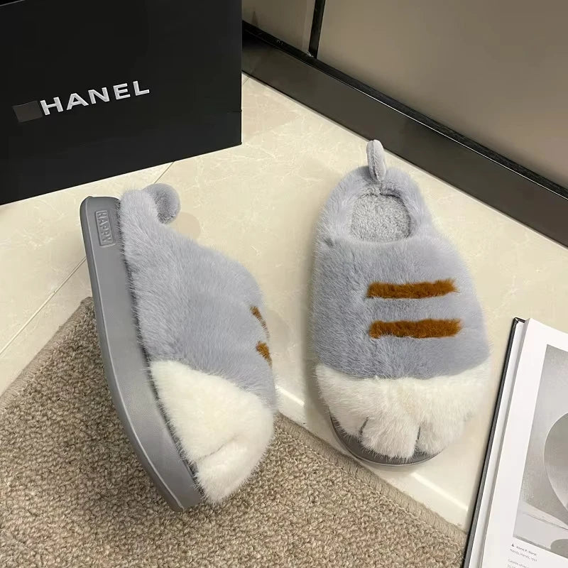 Kitty Claw Plush Slippers – Cute Fuzzy Cat House Shoes for Women