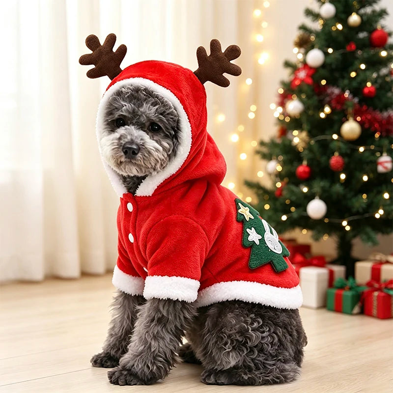 Christmas Reindeer Dog Hoodie Soft Flannel Warm Pet Two-Legged Clothes Xmas Cosplay Costume for Small Dog Cat