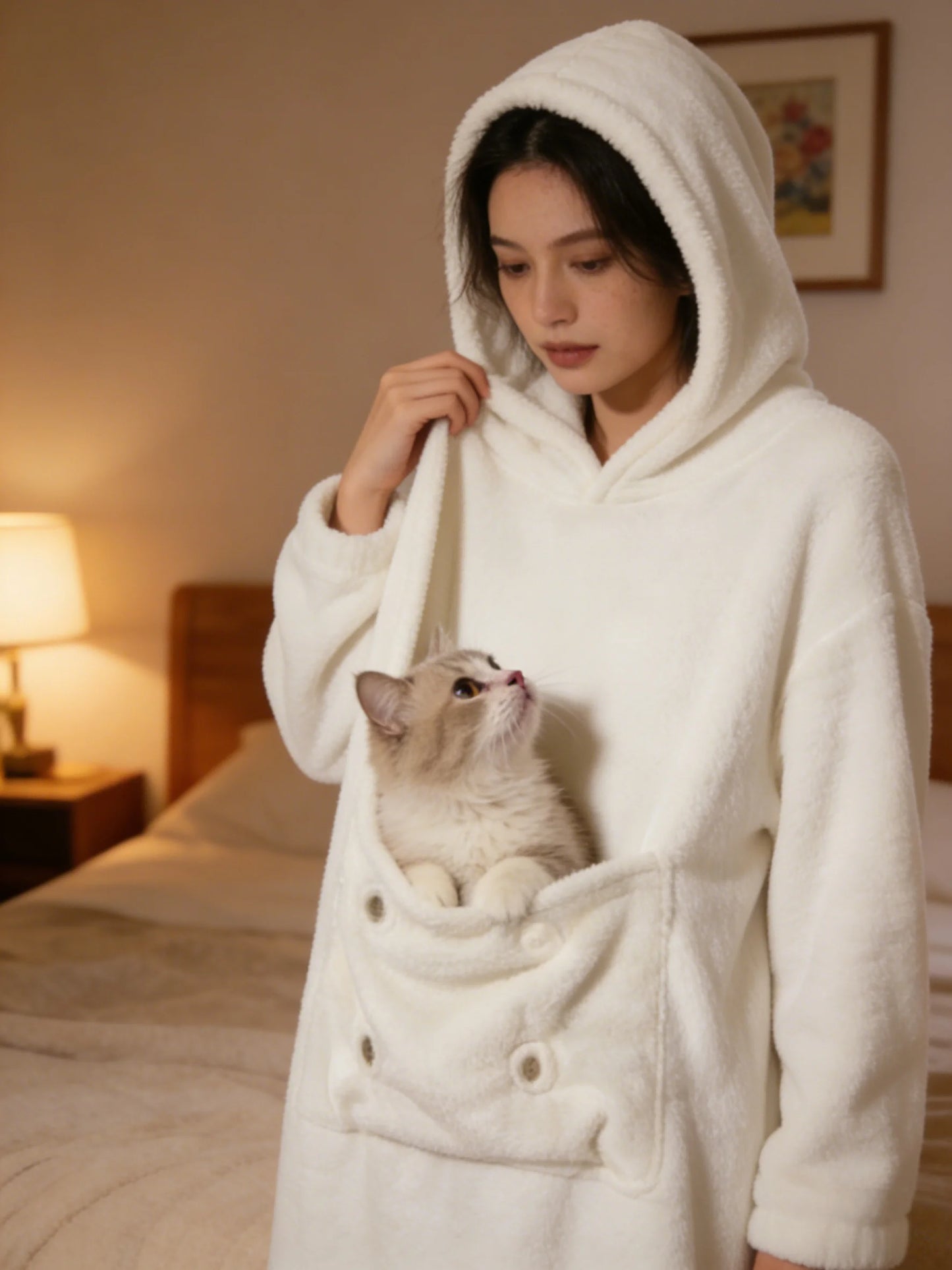 New Arrival Plaid Flannel Homewear with Integrated Pet Storage Pocket Cozy All Day Loungewear