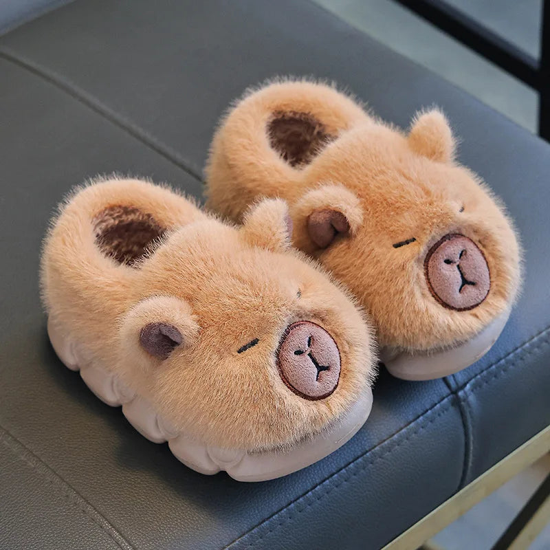 Kids’ Capybara Plush Slippers – Cute Cozy Winter House Shoes