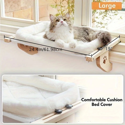 Cat relaxing in a cushioned window sill hammock with adjustable frame