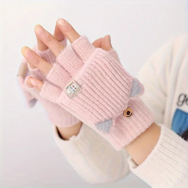 Women’s Cat Ear Fingerless Gloves – Cozy Winter Knit Hand Warmers