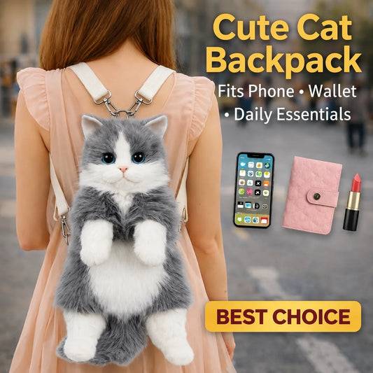 Cute gray cat plush backpack worn by a girl with kawaii animal design