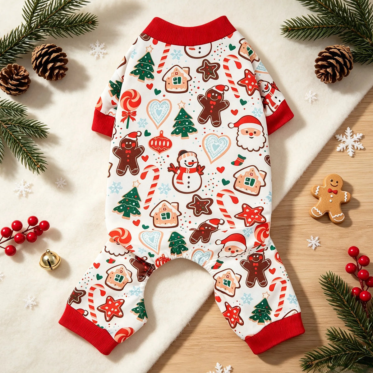 Pet Four Legged Clothes, Gingerbread Man Snowman Santa Claus Christmas Tree Cane Candy Full Print Pet Four Legged Pajamas