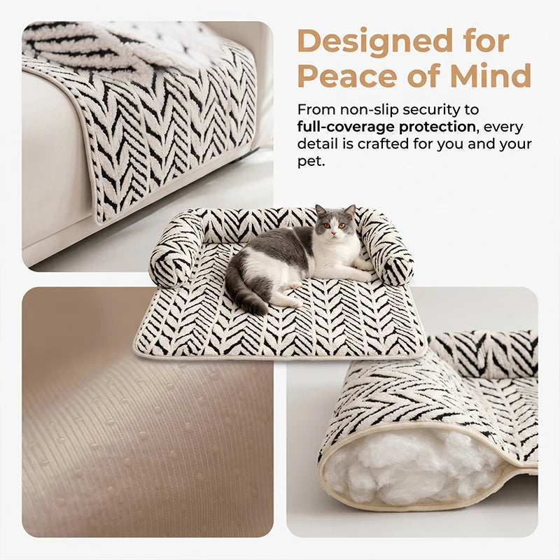 Pet Sofa Bed Mat with Side Bolsters Soft Fluffy Couch Protector Mat Anti-slip Dog Cat Bed Sleeping Cushion for Small Medium Pets