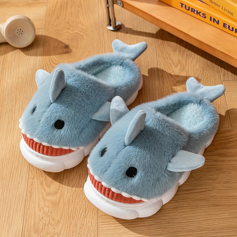Blue fluffy shark plush slippers for women and girls