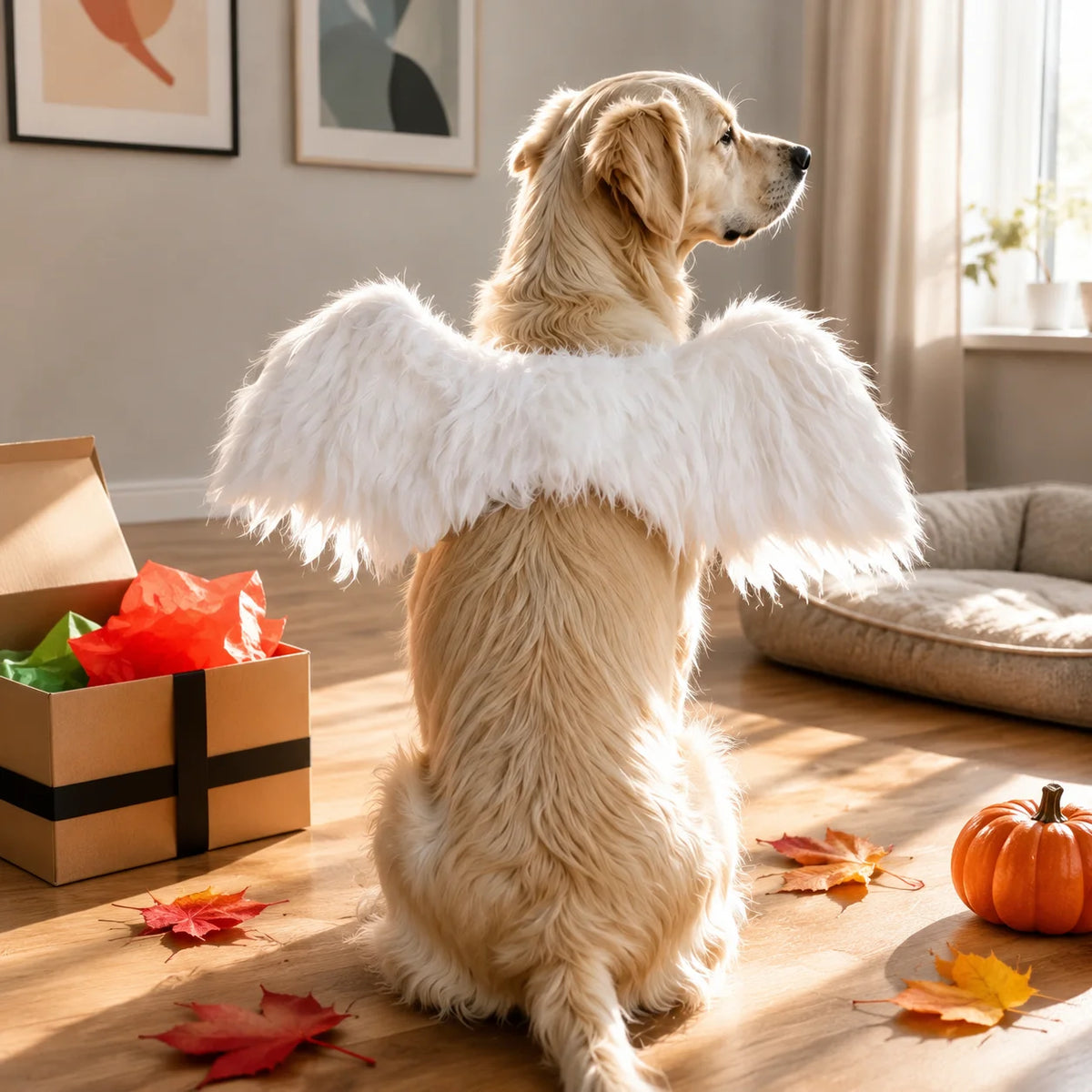 Small dog wearing cute wings for a Halloween costume