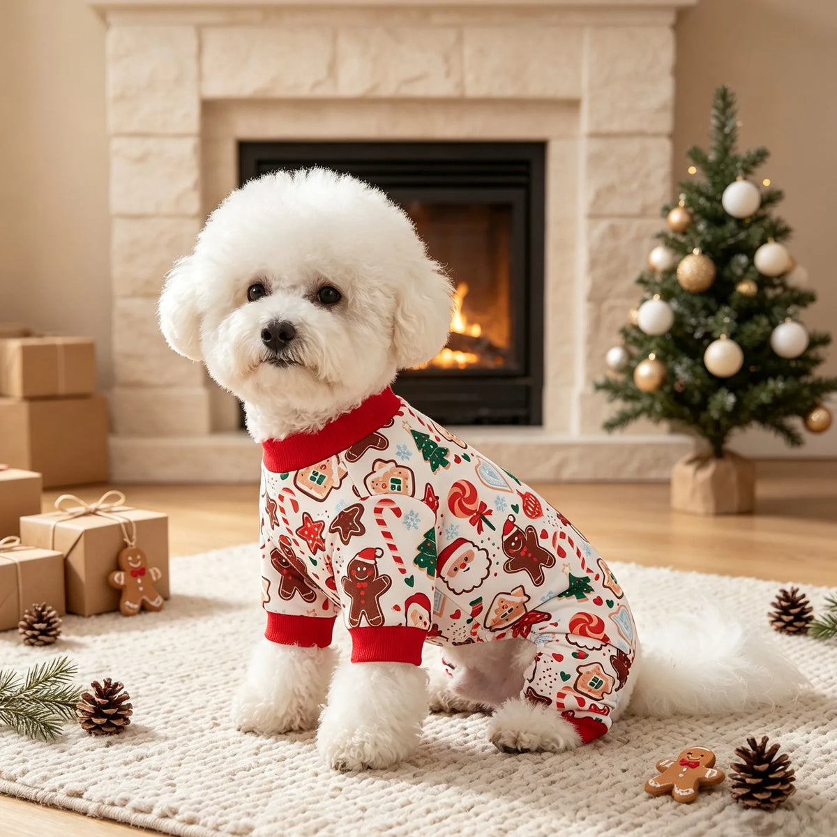 Pet Four Legged Clothes, Gingerbread Man Snowman Santa Claus Christmas Tree Cane Candy Full Print Pet Four Legged Pajamas