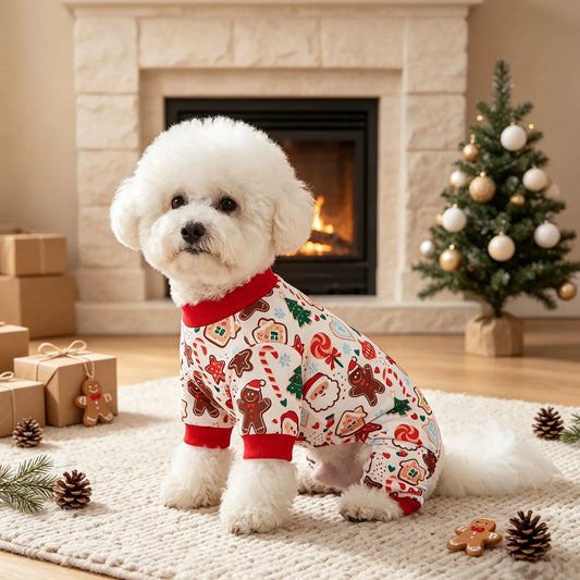 Pet Four Legged Clothes, Gingerbread Man Snowman Santa Claus Christmas Tree Cane Candy Full Print Pet Four Legged Pajamas