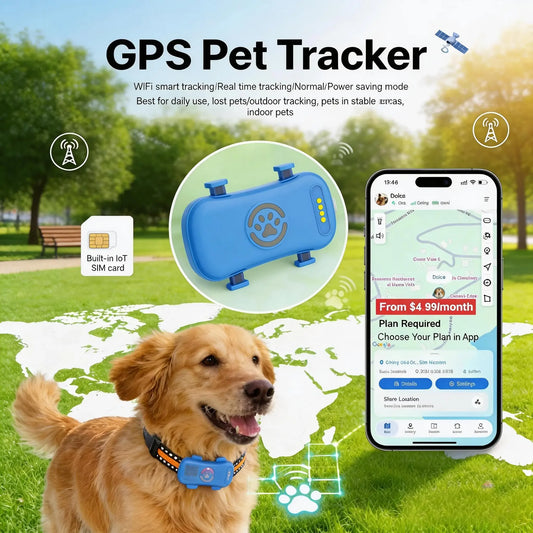 Blue 4G GPS pet tracker for dogs and cats with mobile app tracking