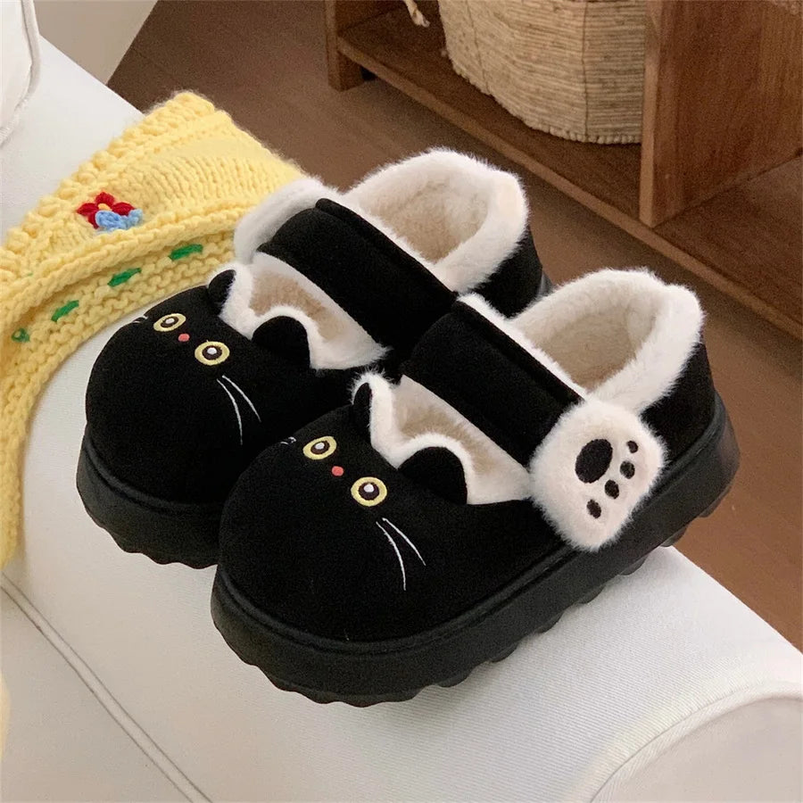 Black Cat Fuzzy Slippers for Women – Cute Plush House Shoes