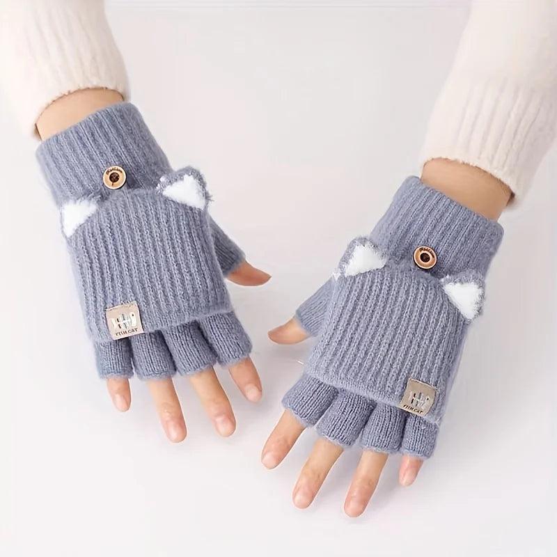Women’s Cat Ear Fingerless Gloves – Cozy Winter Knit Hand Warmers
