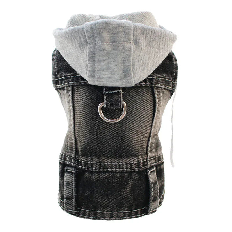 Cool Dog Jean Jacket Vest with D-Ring Hoodies for Small Medium Dogs, Spring Dog Clothes Puppy Denim Harness Coat for Walking