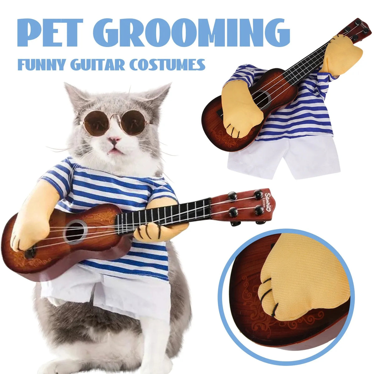 Dog wearing a funny guitar player rock star costume