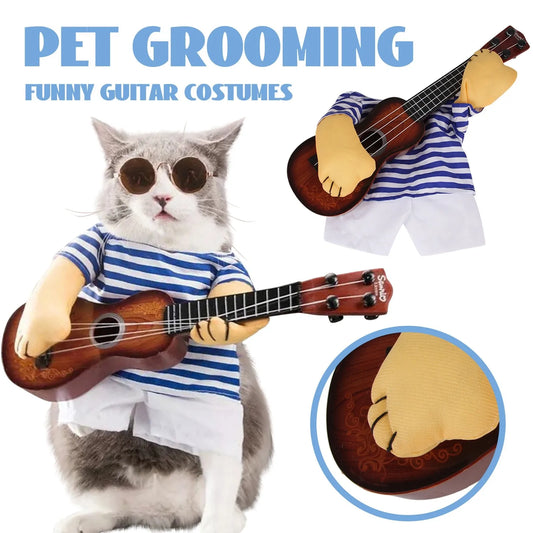 Dog wearing a funny guitar player rock star costume