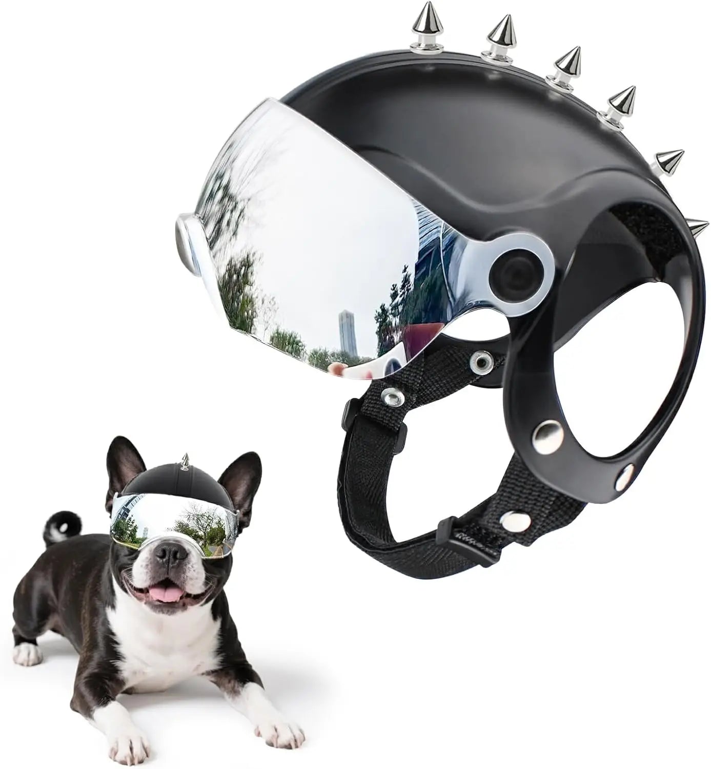 Dog Helmet for Small Breed Cool Pet Motorcycle Helmet with Drop-Down Silver Visor (Without Rivets and Rivets)