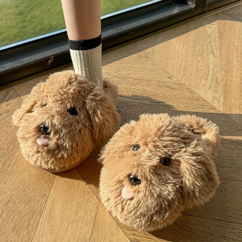 Fluffy brown bear plush slippers for women with cartoon design