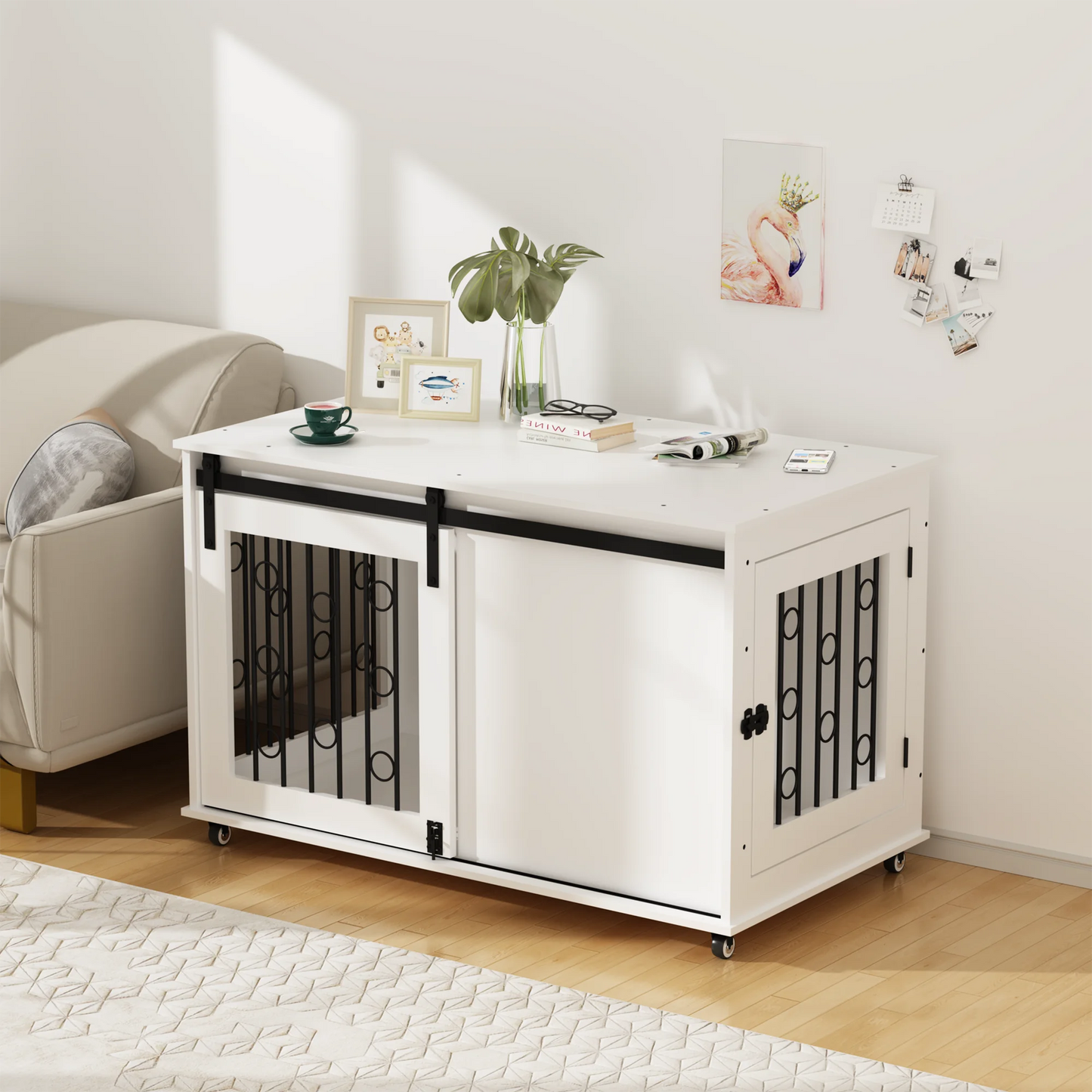 Modern Wooden Dog Crate Furniture End Table with Sliding Barn Door & Side Access, White Pet Kennel with Metal Bars & Lockable Wheels for Small Medium Dogs