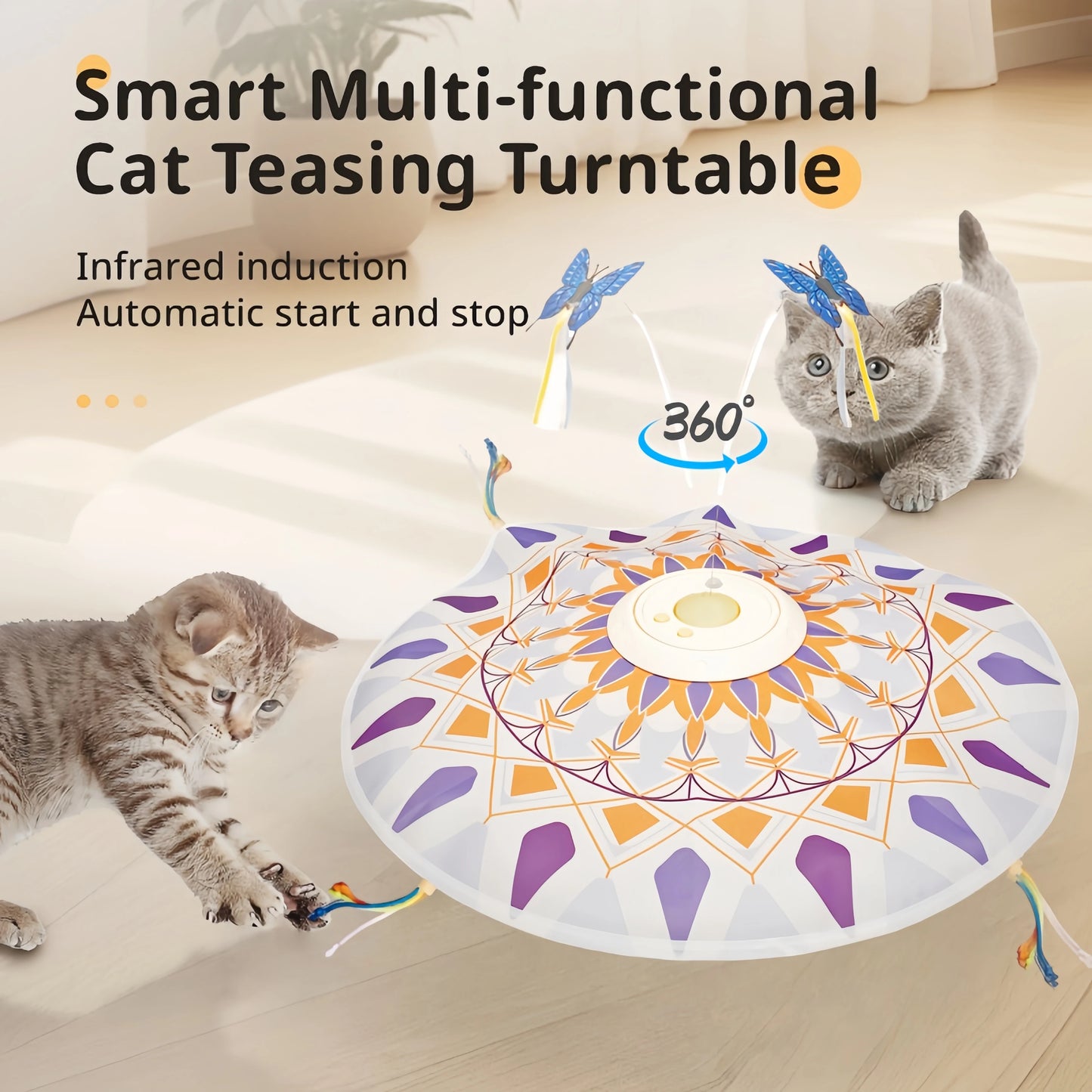 USB Rechargeable 3-in-1 Interactive Cat Teaser Toy 360° Rotating Feathers & Mandala Pattern,1200 battery capacity Plastic Design