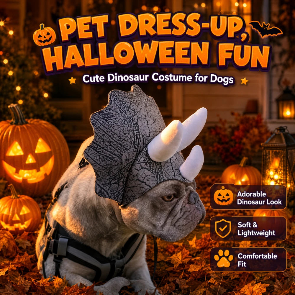Dog wearing a cute Triceratops dinosaur costume for Halloween