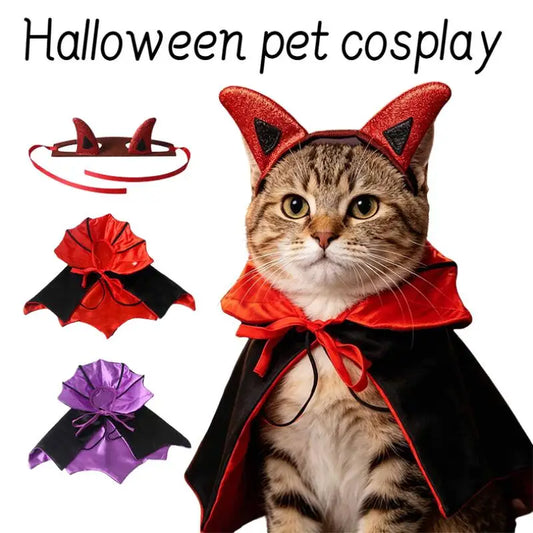 Cat wearing a vampire cape and devil horn Halloween headband