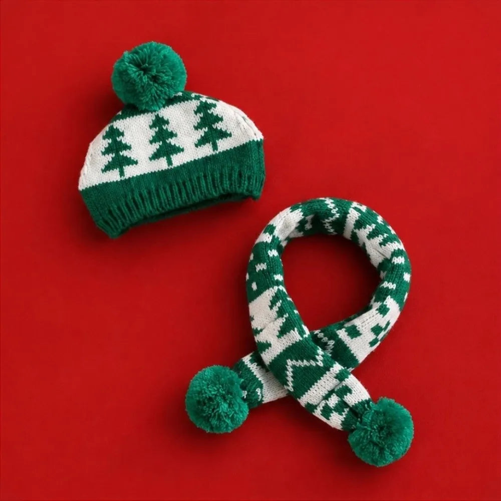 Snowflakes Cute Cat Dog Christmas Hat Scarf Green Red Warm Pet Dress Up Set Soft Adjustable Pet Knitted Suit Xmas Pet Costume